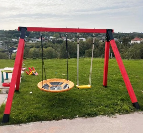 Leagan gradina, complex de leagane copii, set de joaca din lemn cu imbinari metalice si sistem de ancorare, rezistent pana la 150kg ROSU