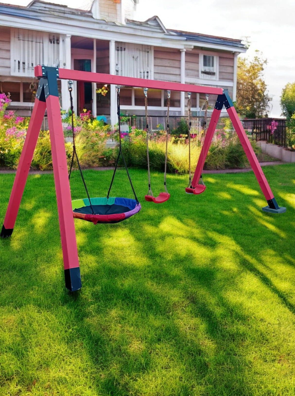 Leagan gradina cu 3 locuri, complex de leagane copii, set de joaca din lemn ,imbinari metalice sistem de ancorare, rezistent 150kg