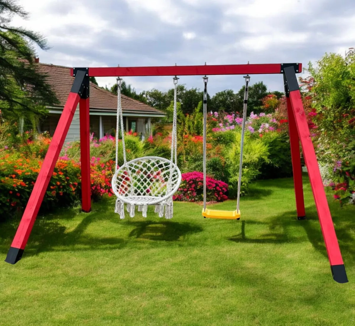 Leagan gradina, complex de leagane copii, set de joaca din lemn cu imbinari metalice si sistem de ancorare, rezistent pana la 150kg