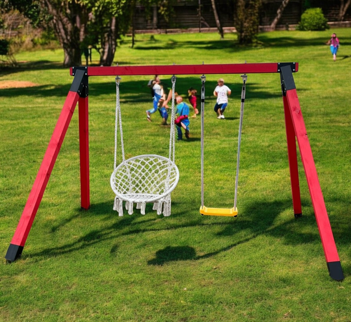 Leagan gradina, complex de leagane copii, set de joaca din lemn cu imbinari metalice si sistem de ancorare, rezistent pana la 150kg