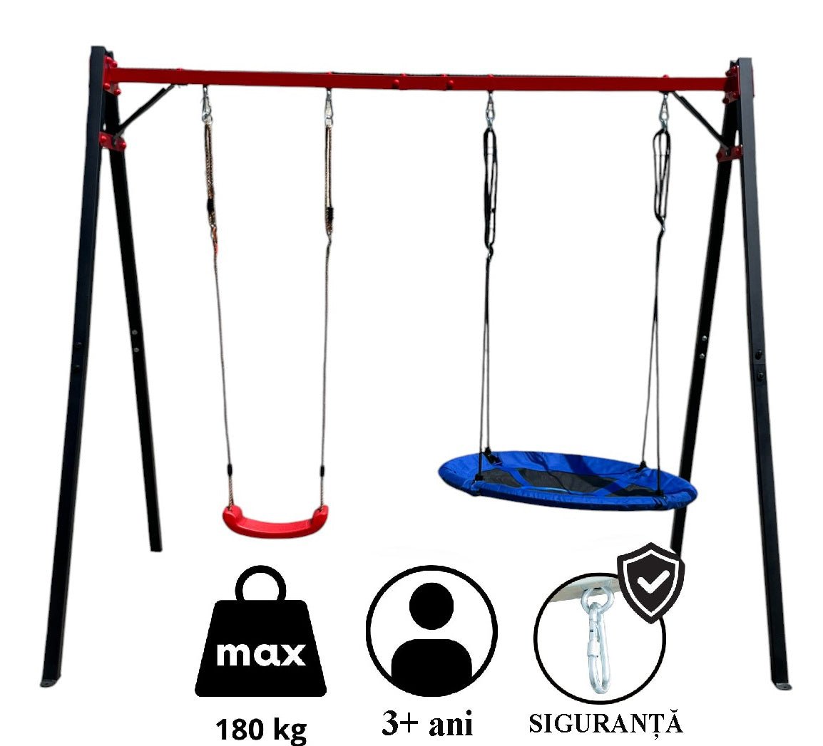Leagan gradina copii/adulti, balansoar dublu de curte, metalic, cu accesorii incluse, cuib suspendat, 2,4x2,1m - BUZ.RO
