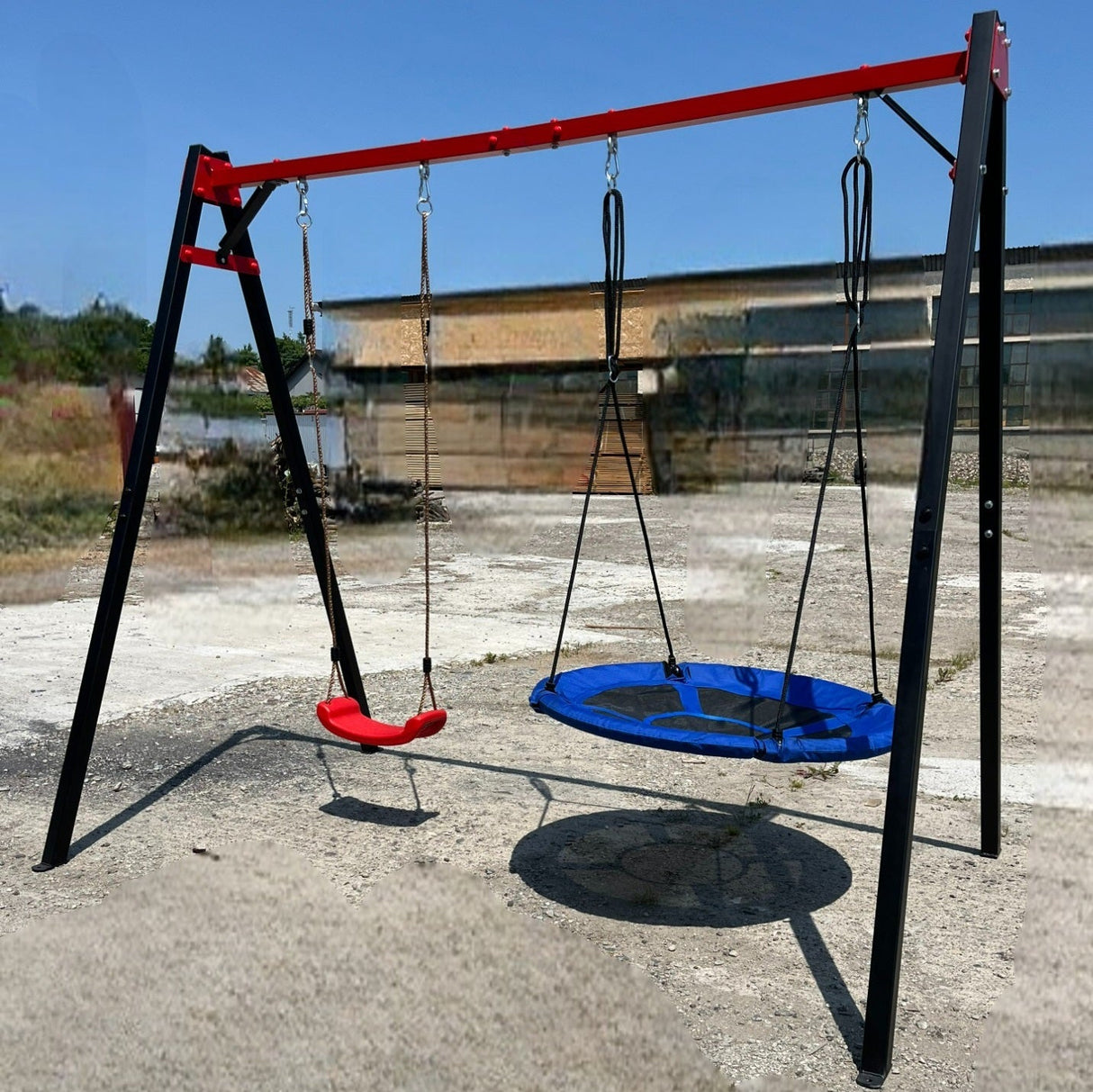 Leagan gradina copii/adulti, balansoar dublu de curte, metalic, cu accesorii incluse, cuib suspendat, 2,4x2,1m - BUZ.RO