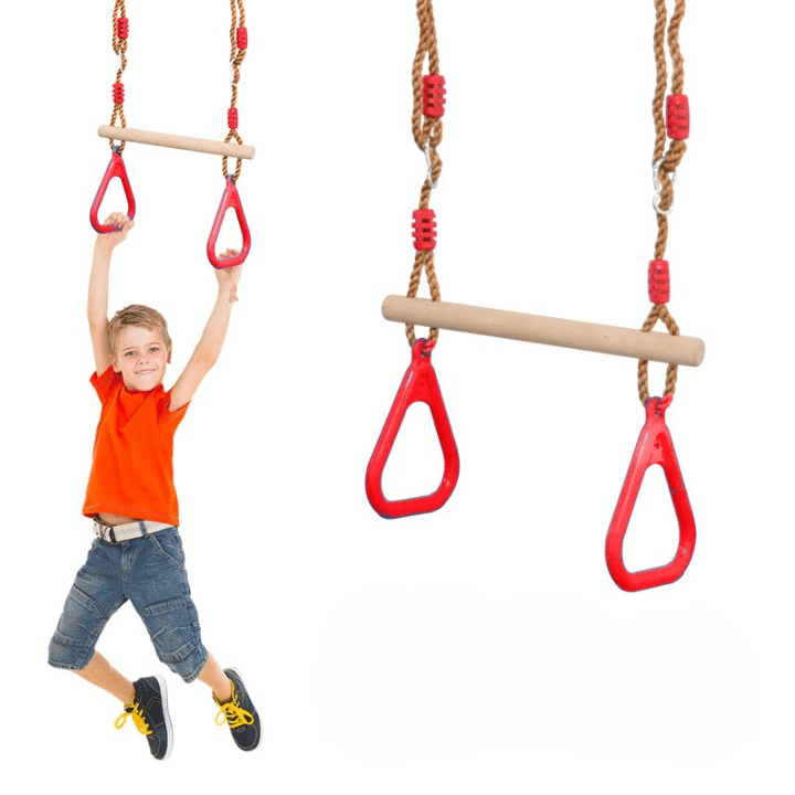 Leagan trapez de lemn cu set de inele pentru gimnastica copii cu frânghii reglabile - BUZ.RO