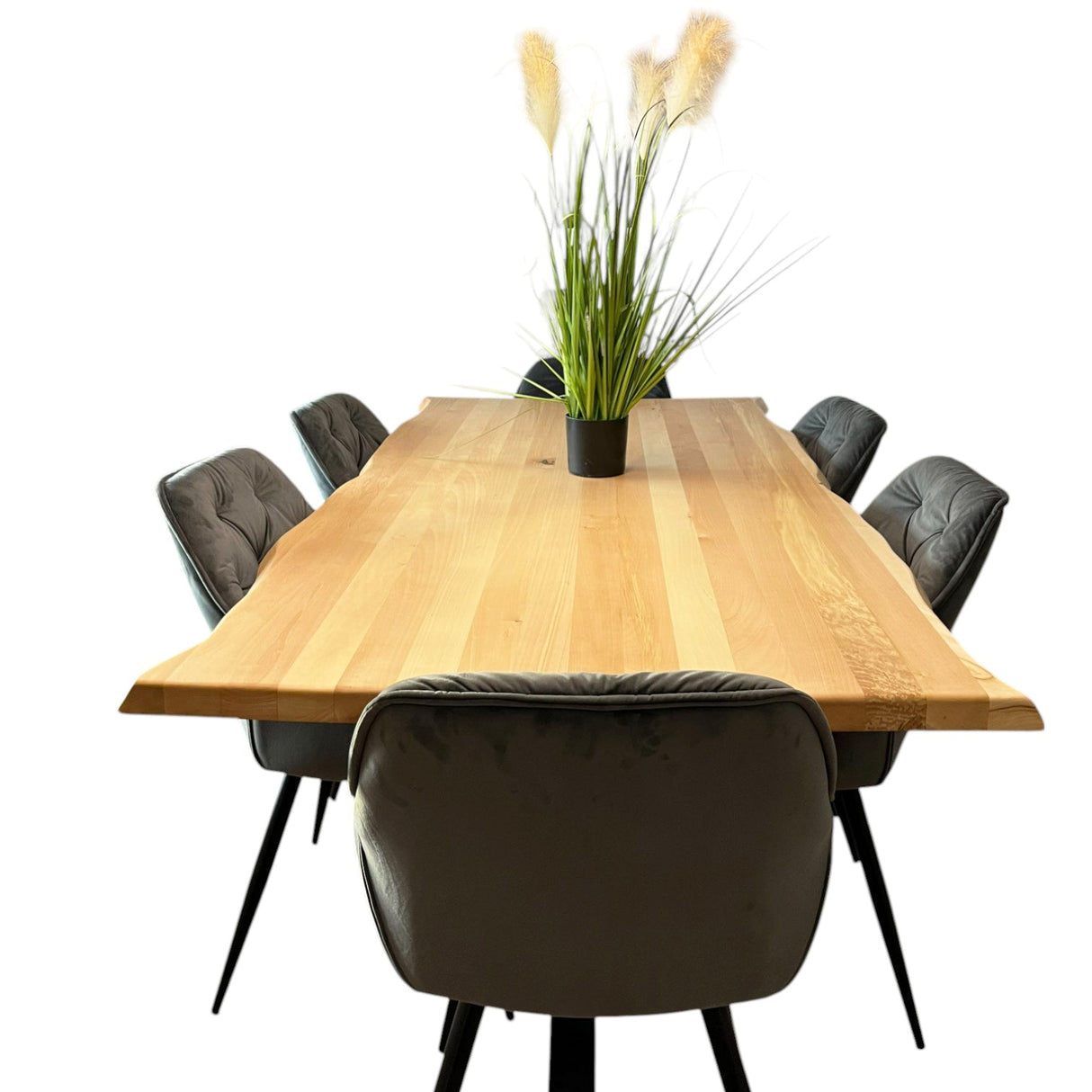 Masa bucatarie cu scaune, set living/dinning, picioare metalice, blat lemn, husa catifea, moderne, 6 persoane - BUZ.RO