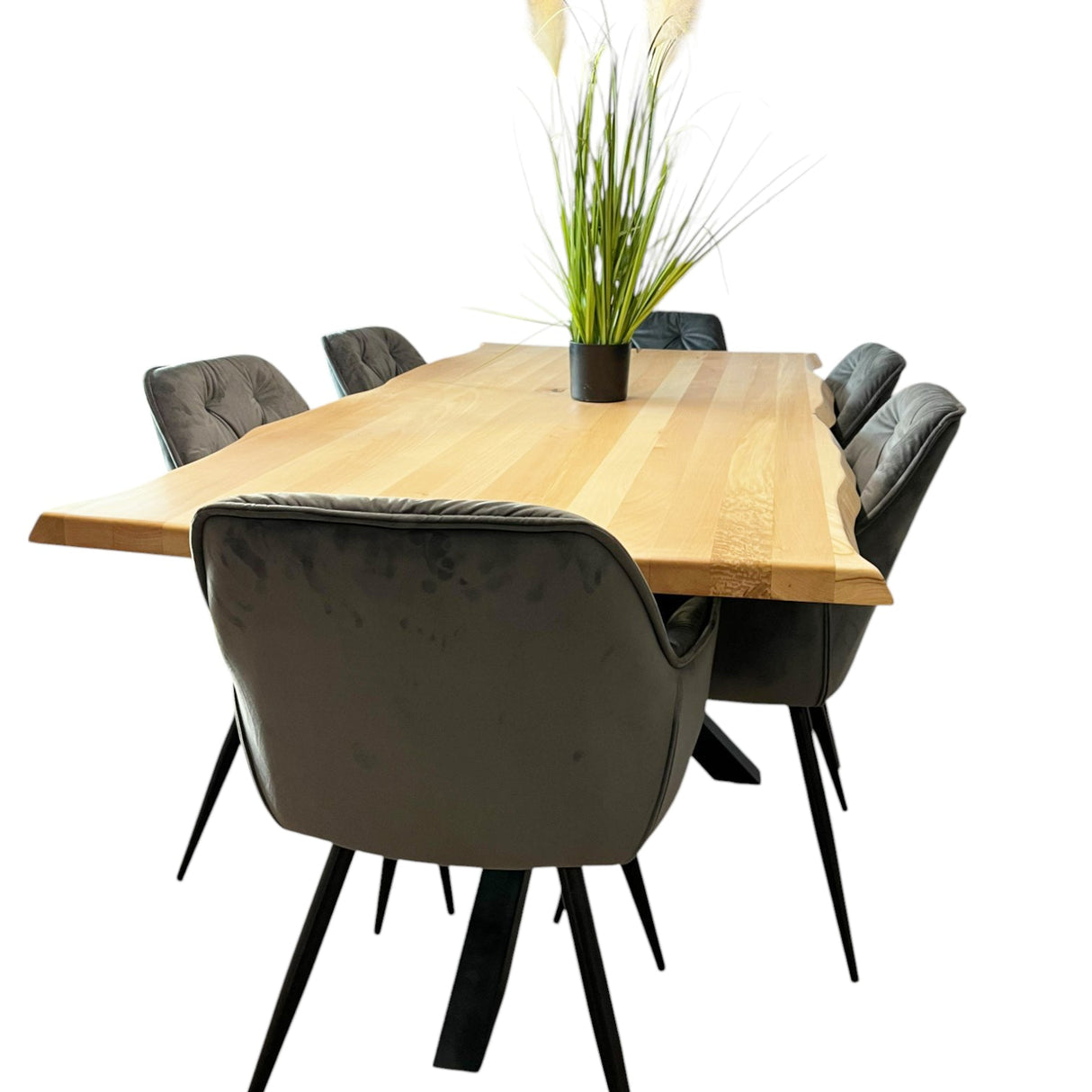 Masa bucatarie cu scaune, set living/dinning, picioare metalice, blat lemn, husa catifea, moderne, 6 persoane - BUZ.RO