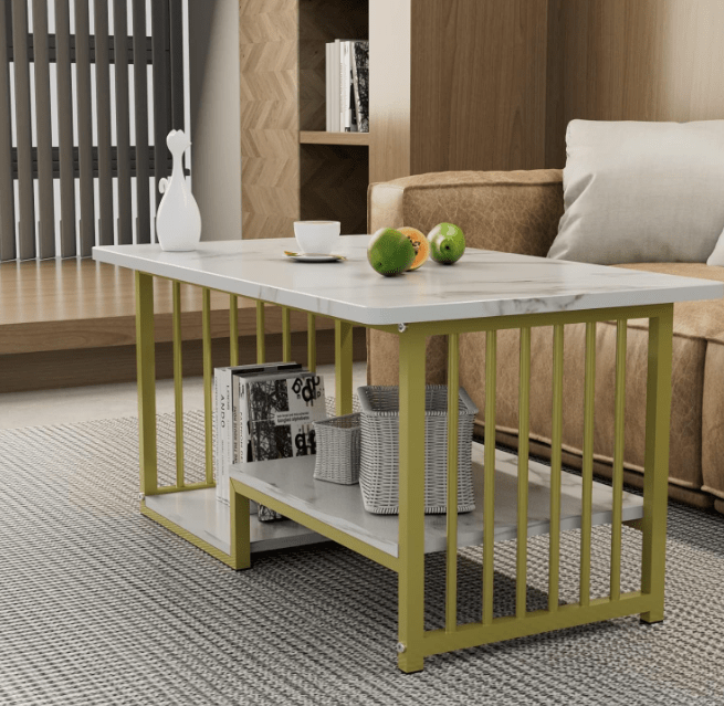 Masa cafea, masa din imitatie de marmura, alb cu auriu, dimensiune 120x60x42 cm - BUZ.RO