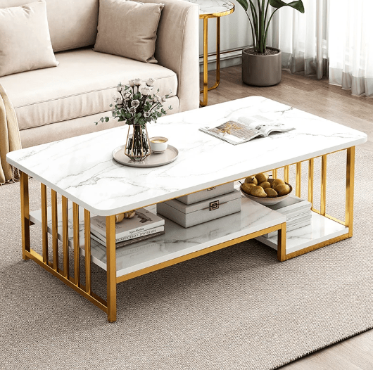 Masa cafea, masa din imitatie de marmura, alb cu auriu, dimensiune 120x60x42 cm - BUZ.RO