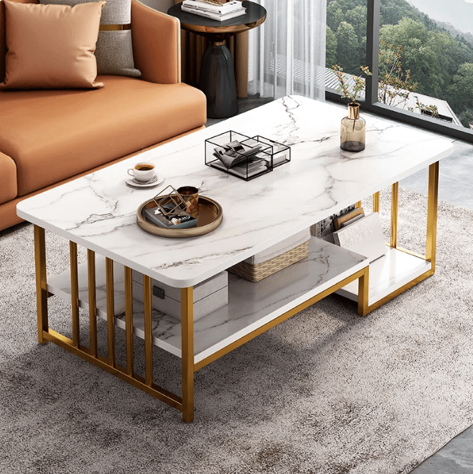 Masa cafea, masa din imitatie de marmura, alb cu auriu, dimensiune 120x60x42 cm - BUZ.RO