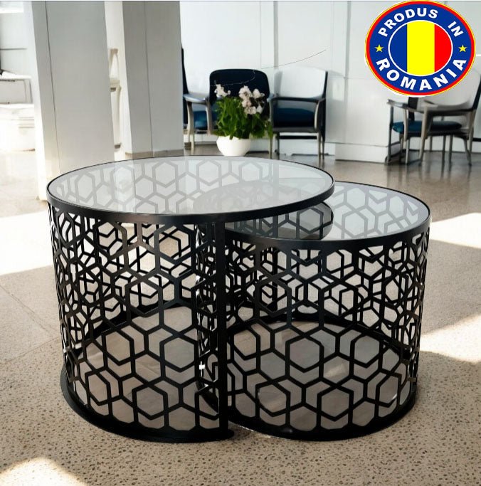 Masa cafea rotunda , set masuta de living rotunde , 2 piese , cu blat sticla securizata , extensibila - BUZ.RO