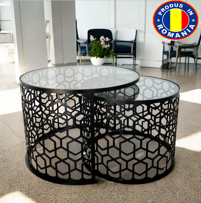 Masa cafea rotunda , set masuta de living rotunde , 2 piese , cu blat sticla securizata , extensibila