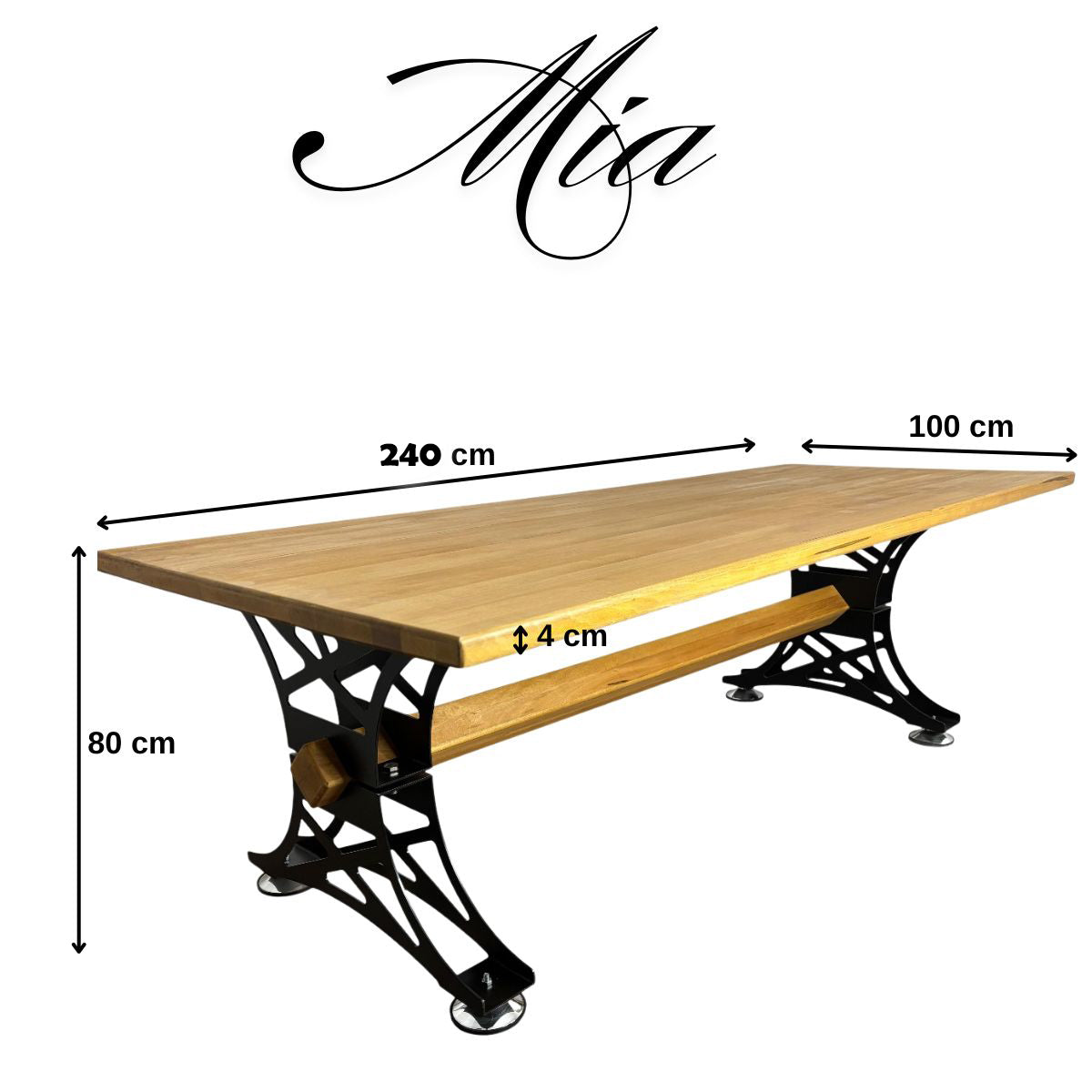 Masa din lemn masiv tei, cu picioare masa metal, 240 L* 100 l* 80 H cm, Mia, fabricat in Romania