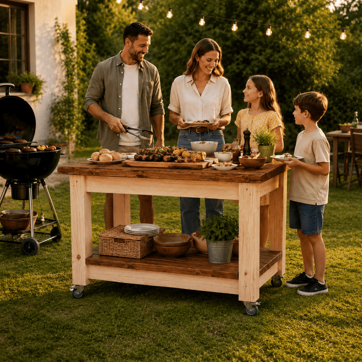 Masa Gratar ,Carucior BBQ ,lemn masiv, roti, terasa 120x71x86 - BUZ.RO