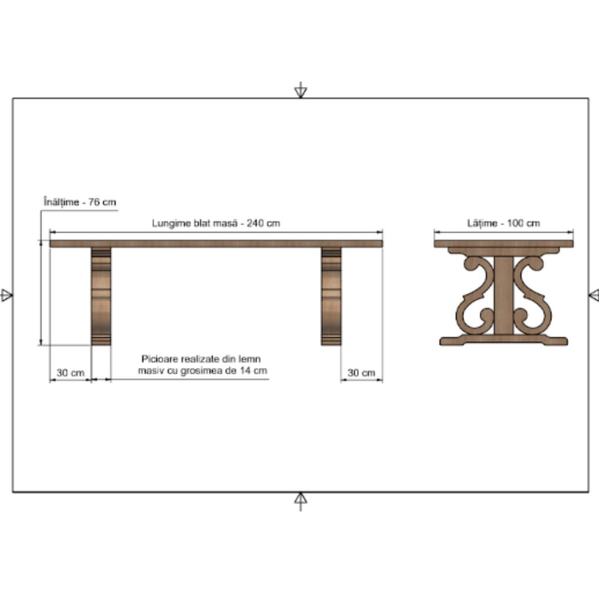 Masa lemn masiv, cu cadru din lemn masiv, Ofelia, 240x100x76 cm - BUZ.RO