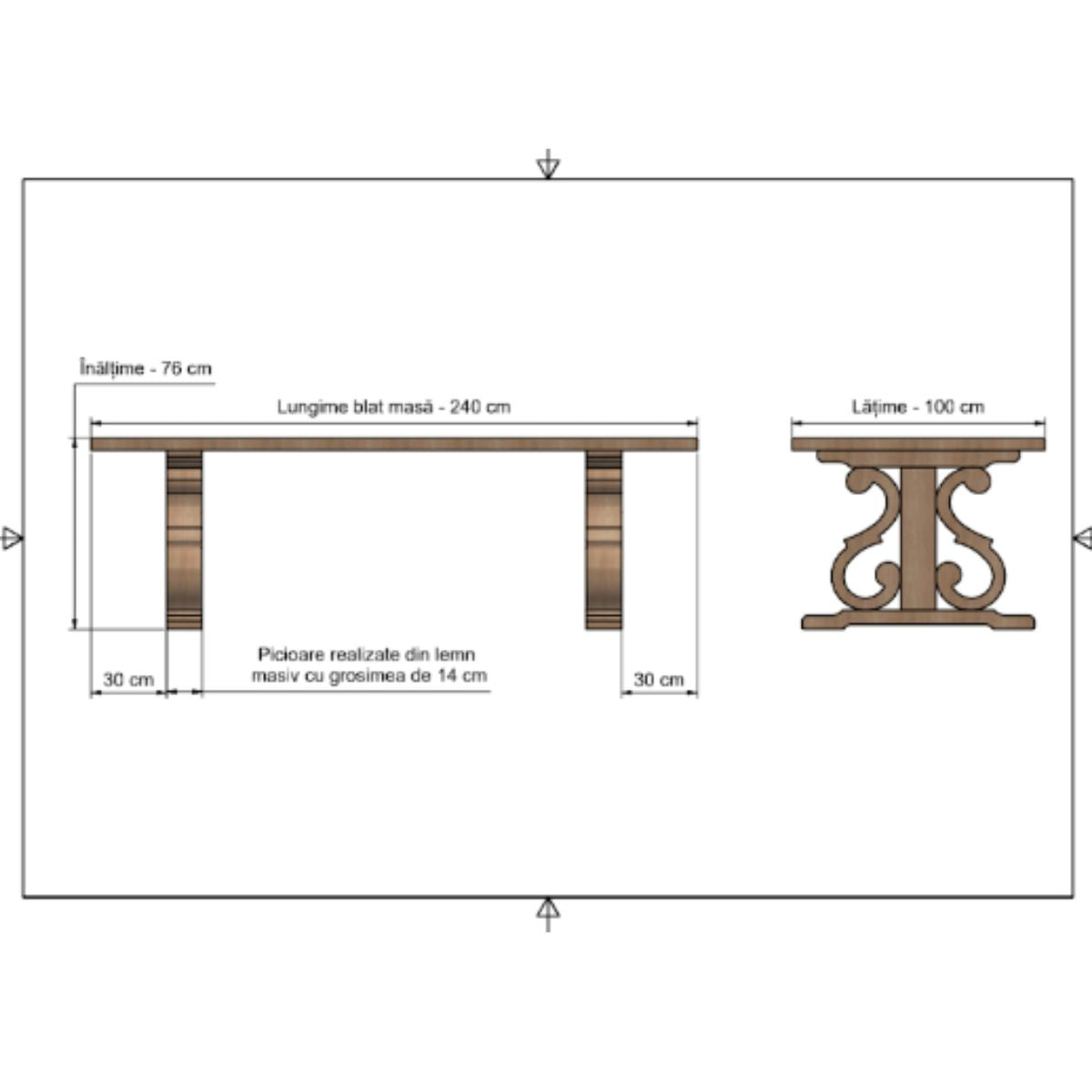 Masa lemn masiv, cu cadru din lemn masiv, Ofelia, 240x100x76 cm