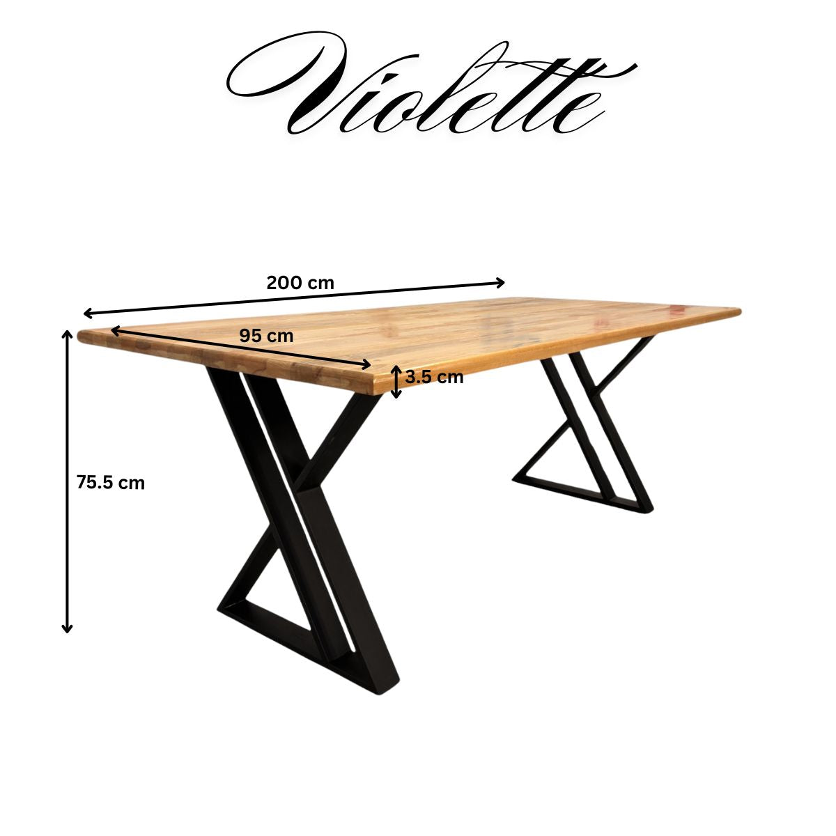 Masa lemn tei, cu picioare masa metal, Violette, 200 L* 95 l* 75.5 h cm