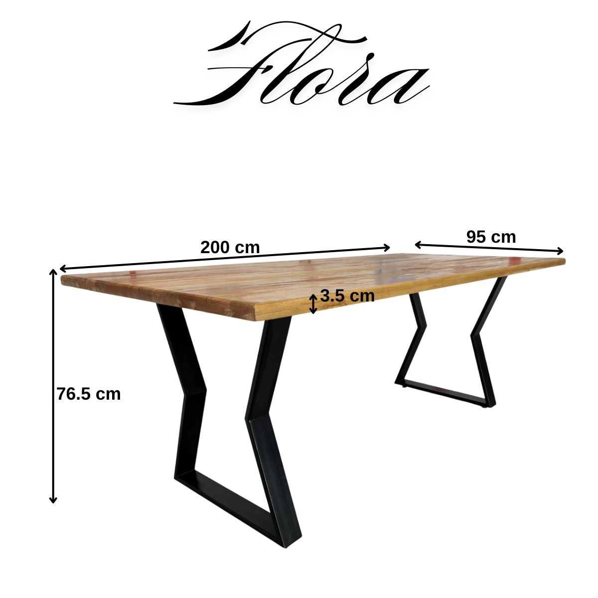 Masa lemn tei, Flora, cu picioare masa metal, 200 L* 95 l* 76.5 H cm