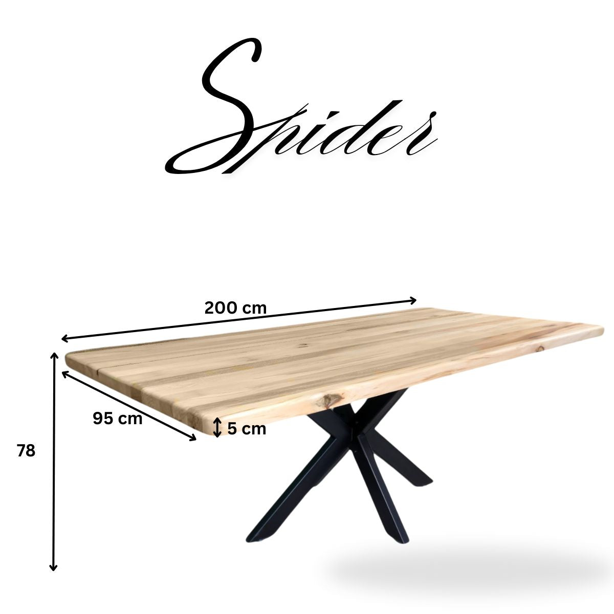 Masa lemn masiv tei, cu picioare masa metal, Spider, 200x95x78 cm