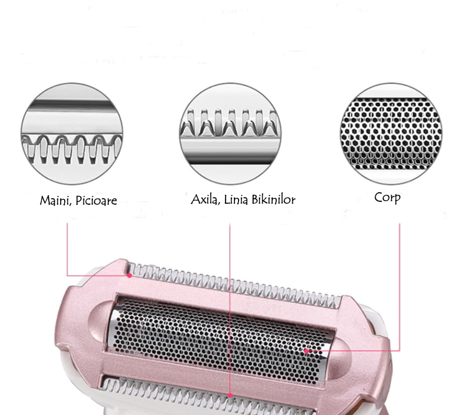 Aparat Epilat și Tuns Femei 4 în 1 – Reîncărcabil, Impermeabil IPX7, Capete Interșchimbabile, Rose + Alb