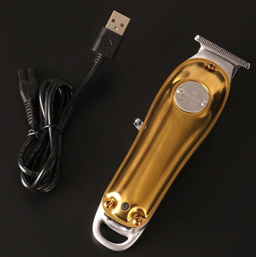 Mașină de Tuns Profesională Kemei – Reîncărcabilă, 3 Capete, Lame Inox, Rezistentă la Apă, din otel, auriu