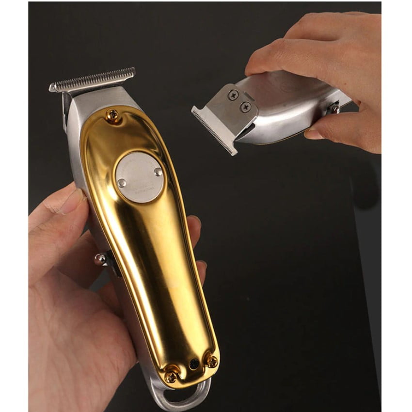 Mașină de Tuns Profesională Kemei – Reîncărcabilă, 3 Capete, Lame Inox, Rezistentă la Apă, din otel, auriu