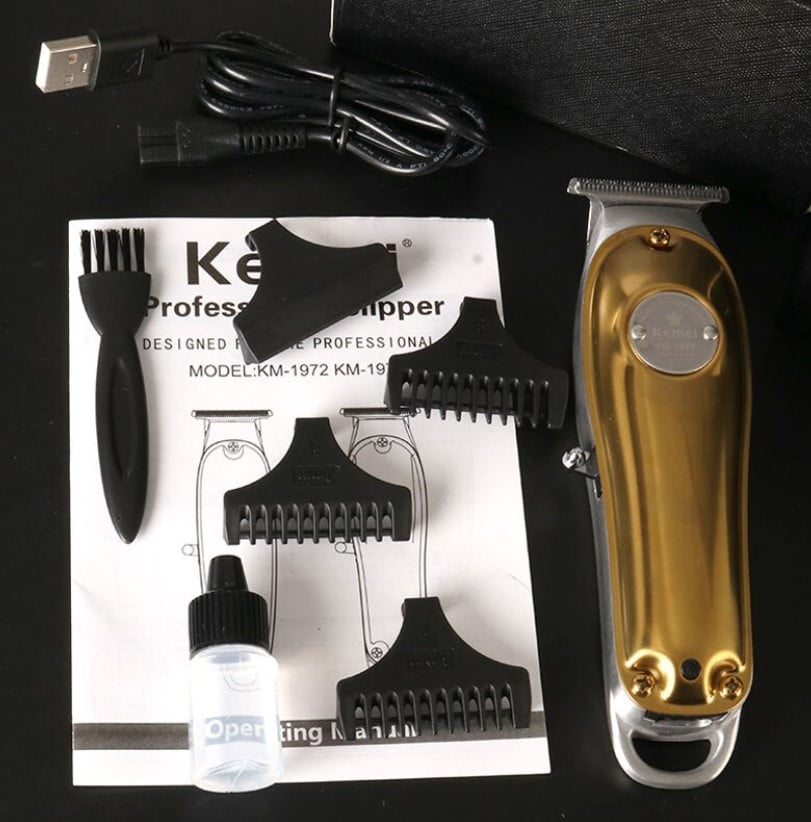 Mașină de Tuns Profesională Kemei – Reîncărcabilă, 3 Capete, Lame Inox, Rezistentă la Apă, din otel, auriu
