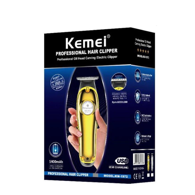 Mașină de Tuns Profesională Kemei – Reîncărcabilă, 3 Capete, Lame Inox, Rezistentă la Apă, din otel, auriu - BUZ.RO