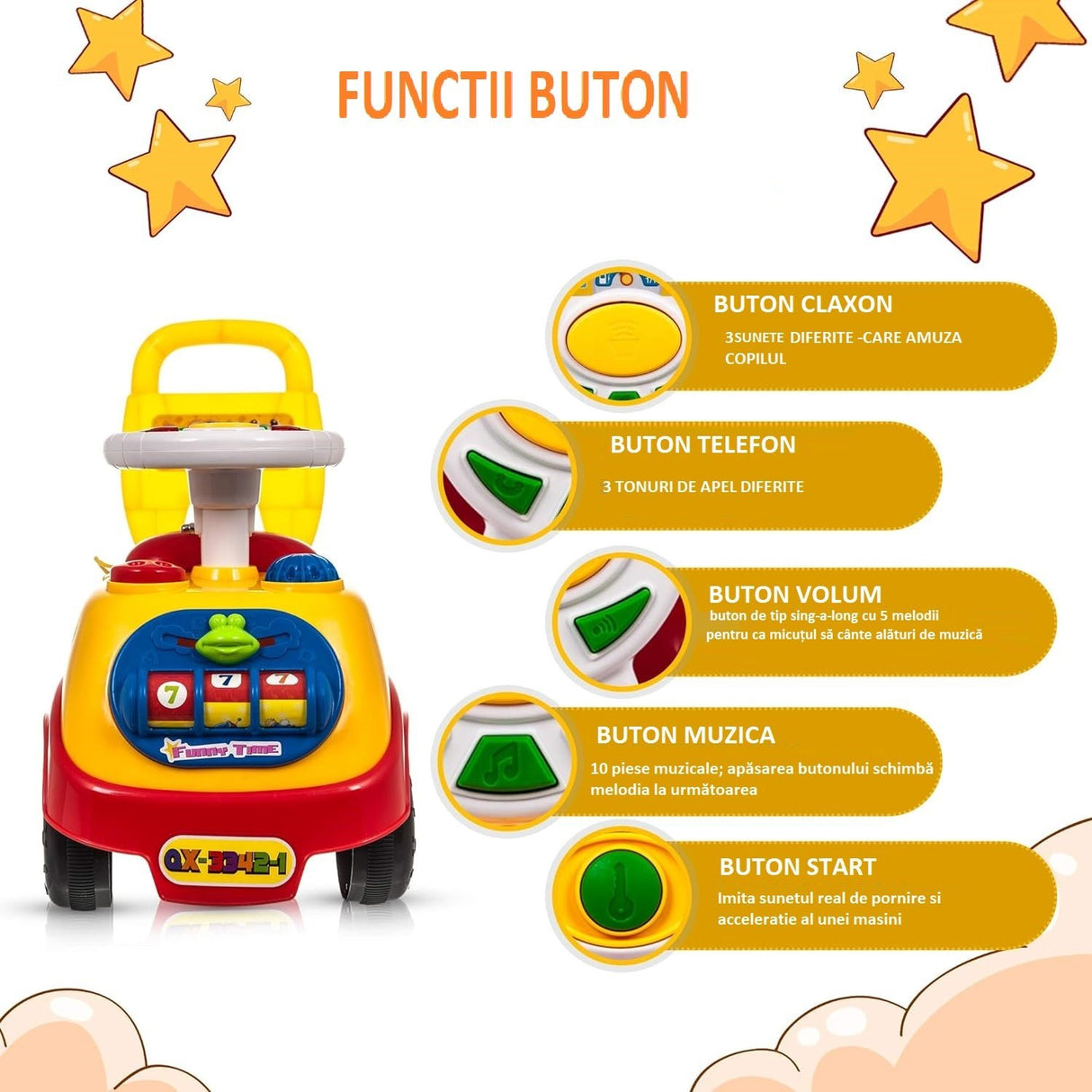 Masinuta copii, premergator, cu sunete, lumini, volan, colorata, primii pasi - BUZ.RO