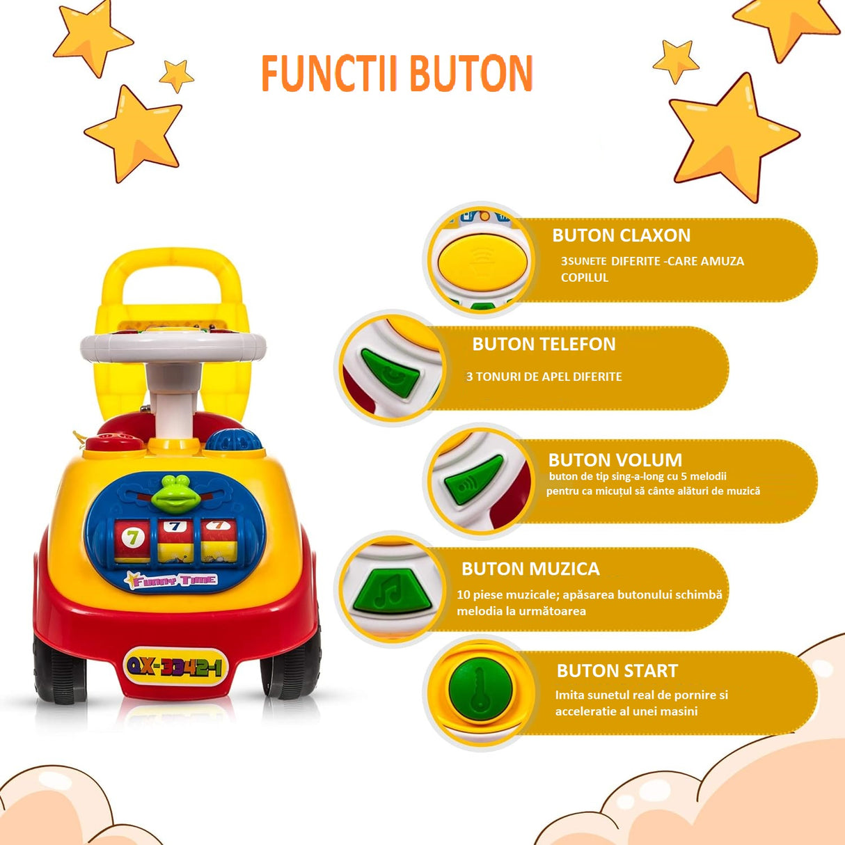 Masinuta copii, premergator, cu sunete, lumini, volan, colorata, primii pasi