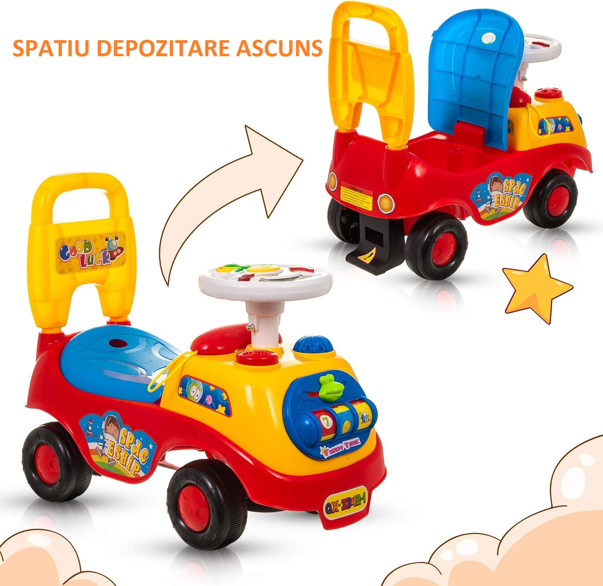 Masinuta copii, premergator, cu sunete, lumini, volan, colorata, primii pasi