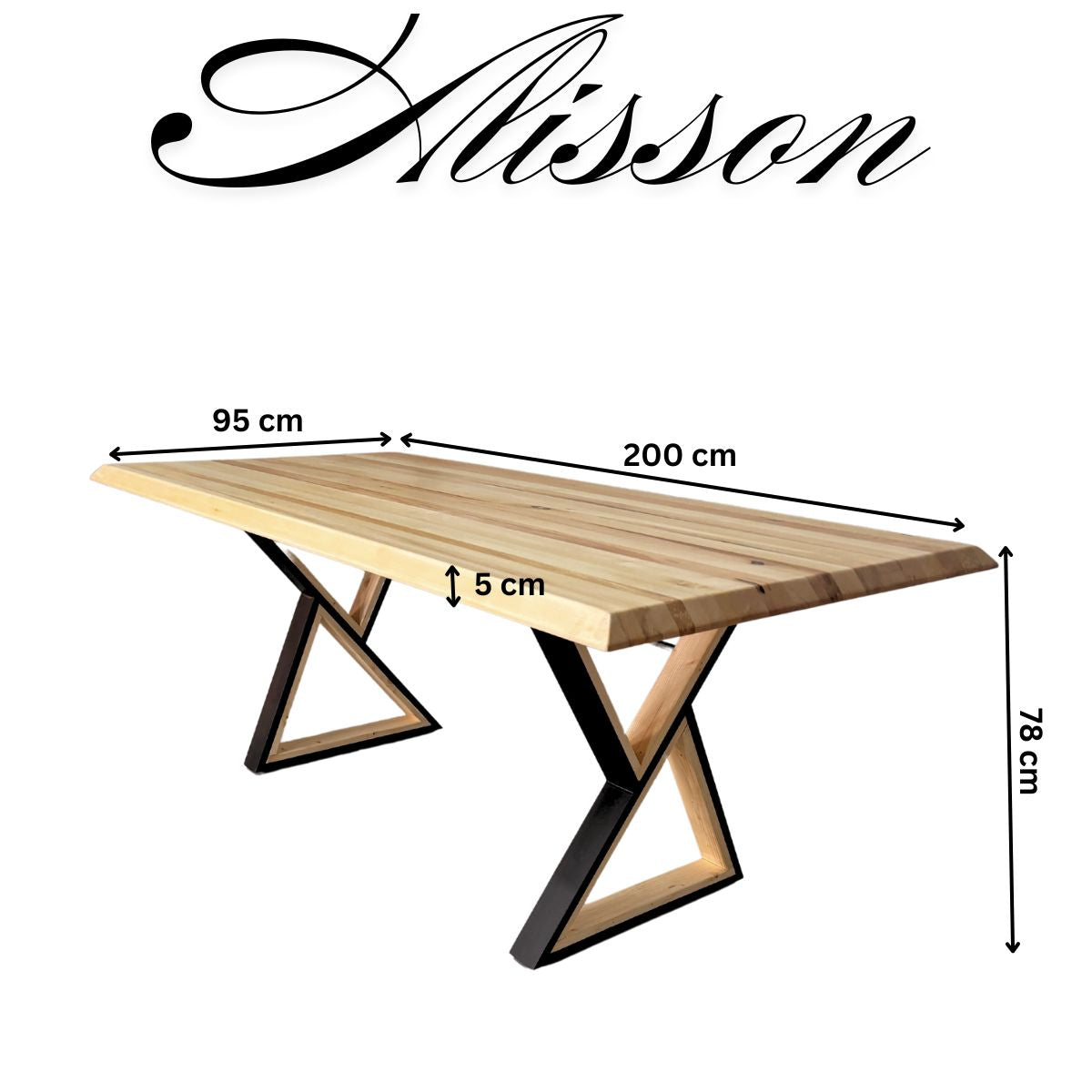 Masa lemn masiv tei, cu picioare masa metal,, Alisson , 200x95x78 cm