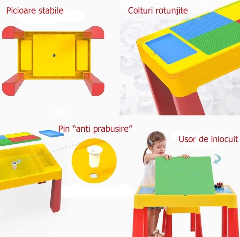 Masuta cu scaune copii, masa lego si 2 scaune, spatiu depozitare, picioare antiderapante, multicolor - BUZ.RO