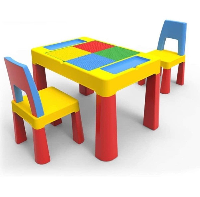 Masuta cu scaune copii, masa lego si 2 scaune, spatiu depozitare, picioare antiderapante, multicolor - BUZ.RO
