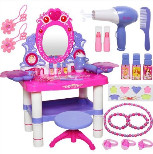 Masuta de machiaj pentru fetite, Oglinda de machiaj cu led, masa de toaleta si scaun, cu sunete , lumini , accesorii, interactiva , cu uscator real, 28 piese - BUZ.RO