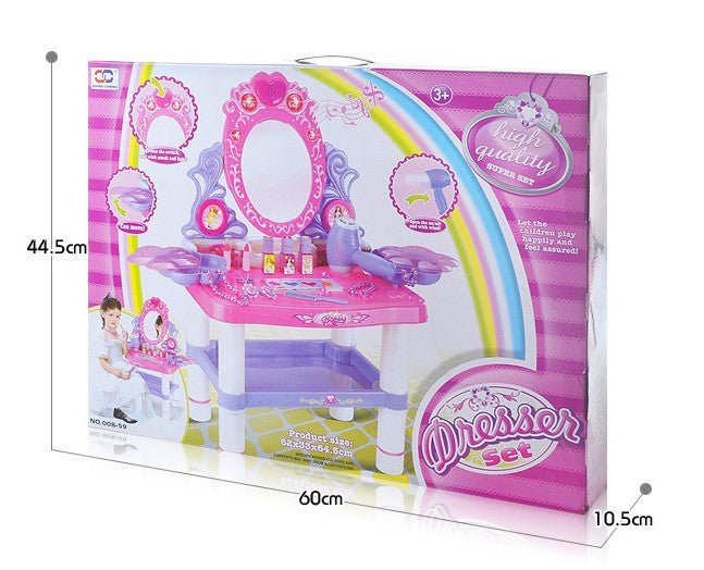 Masuta de machiaj pentru fetite, Oglinda de machiaj cu led, masa de toaleta si scaun, cu sunete , lumini , accesorii, interactiva , cu uscator real, 28 piese - BUZ.RO