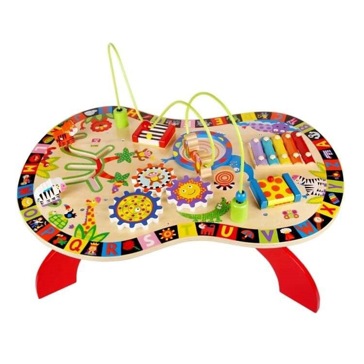 Masuta interactiva cu activitati pentru copii 6 in 1, din lemn, cu diferite figurine si culori, 67x20x43cm