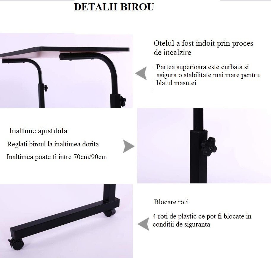 Masuta laptop, reglabila, mini birou, cu roti, masa laptop, blat lemn, ajustabila, ergonomica si mobila, 80x40cm - BUZ.RO