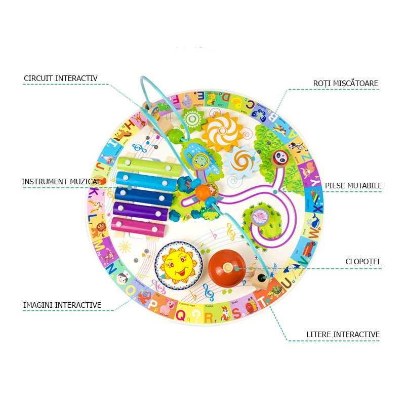 Masuta senzoriala pentru bebelusi cu 7 activitati din lemn, 40x17 - BUZ.RO