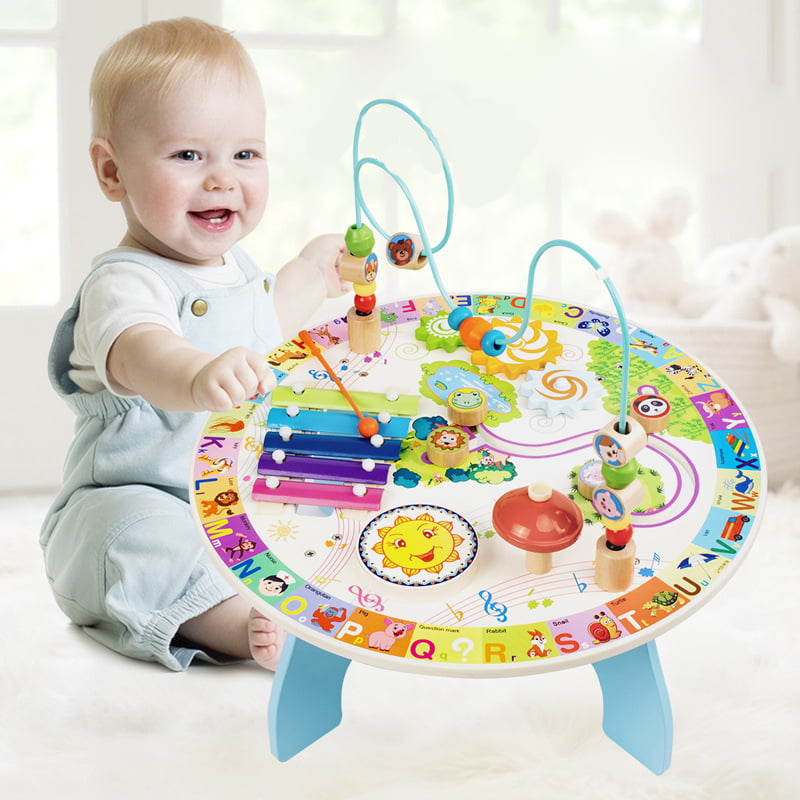 Masuta senzoriala pentru bebelusi cu 7 activitati din lemn, 40x17