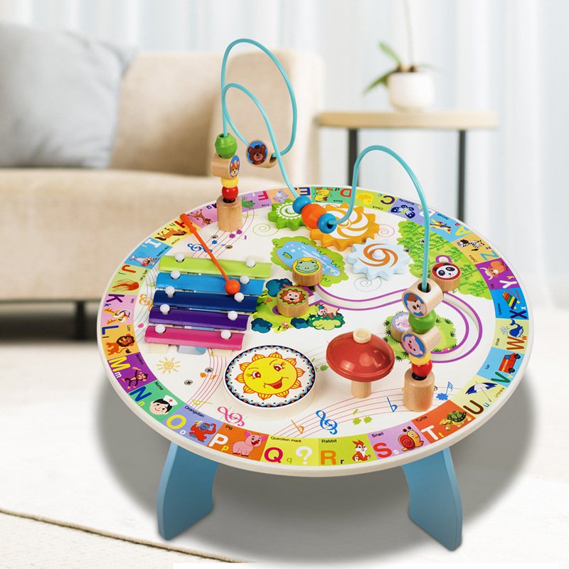 Masuta senzoriala pentru bebelusi cu 7 activitati din lemn, 40x17