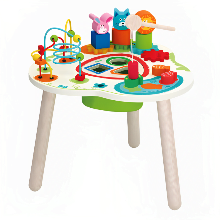 Masuta senzoriala pentru bebelusi, cu diverse actitivitati,  din lemn, 46x43cm