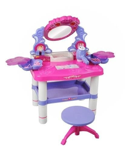 Masuta de machiaj pentru fetite, Oglinda de machiaj cu led, masa de toaleta si scaun, cu sunete , lumini , accesorii, interactiva ,  cu uscator real, 28 piese