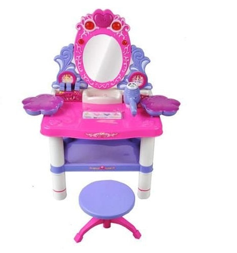 Masuta de machiaj pentru fetite, Oglinda de machiaj cu led, masa de toaleta si scaun, cu sunete , lumini , accesorii, interactiva ,  cu uscator real, 28 piese