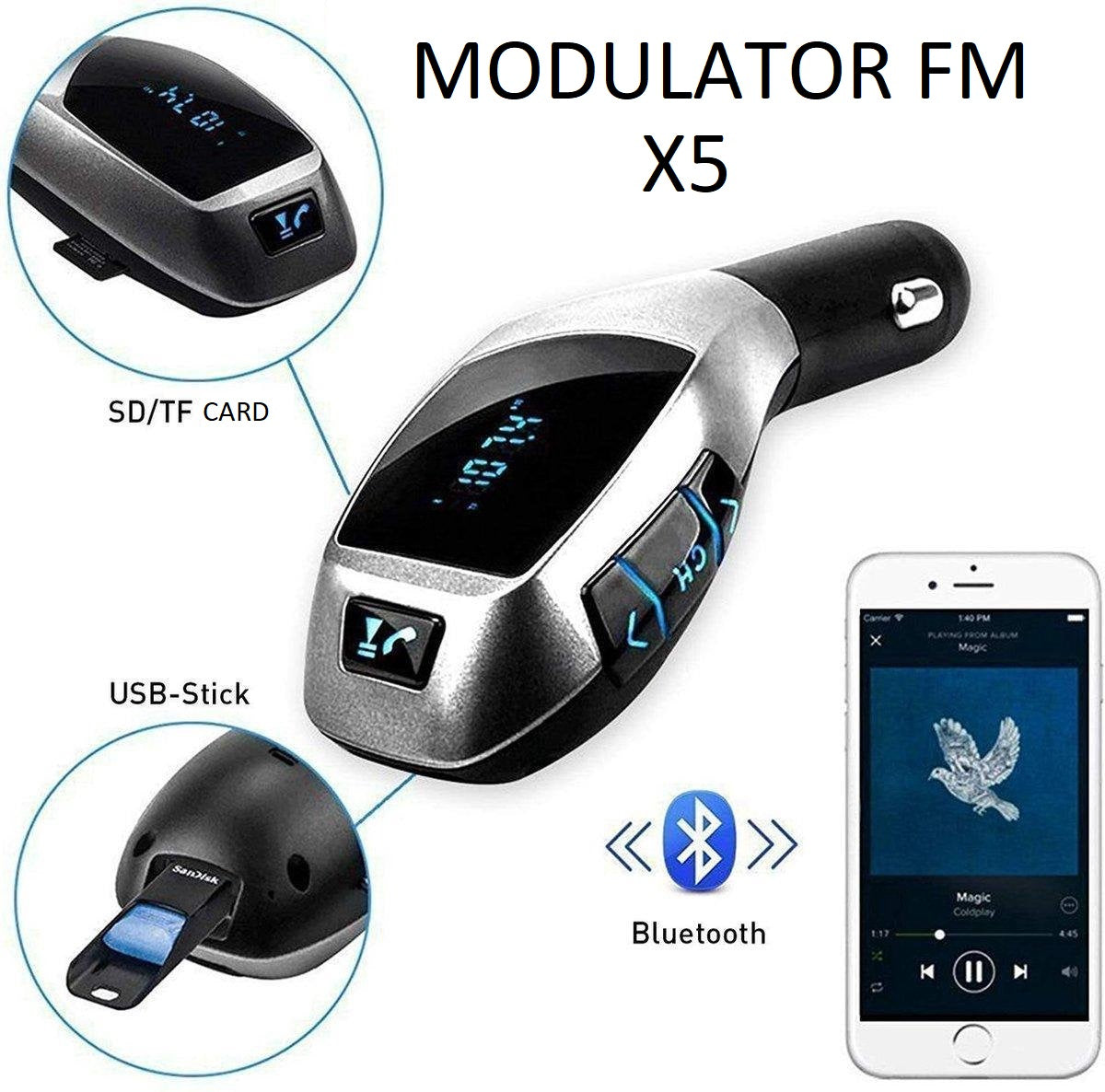 Modulator FM, modulator auto, tip wireless, bluetooth 5.0, transmitator FM, functie incarcator auto, quickcharge 3.0, port USB, slot microSD, microfon