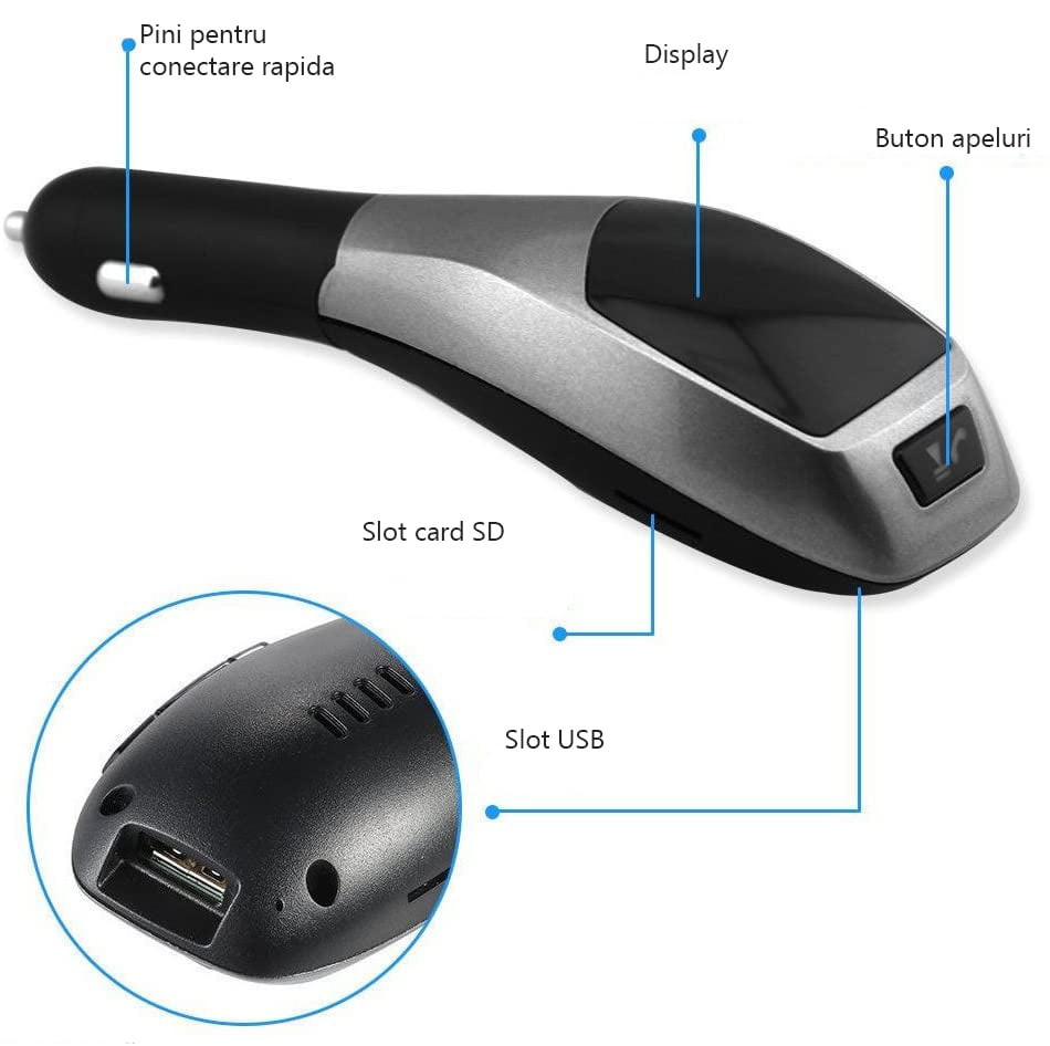 Modulator FM tip wireless cu bluetooth 5.0 incadrat, transmitator FM cu functie de incarcator auto quickcharge 3.0 si port USB, slot microSD, microfon