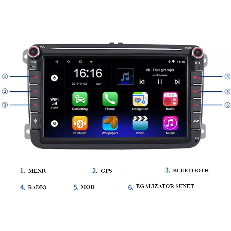 Mp5 player auto, navigatie, radio multimedia VW cu Mirroring Android/iOS, hărți offline, control pe volan, bluetooth 5.0 - BUZ.RO