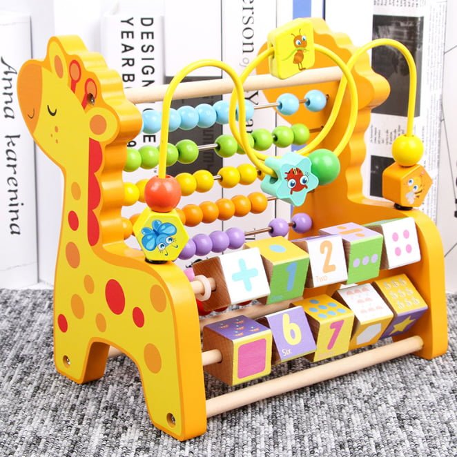 Numaratoare din lemn pentru copii, multifunctionala, cu bile multicolore, galbena, 22x22x18 cm - BUZ.RO