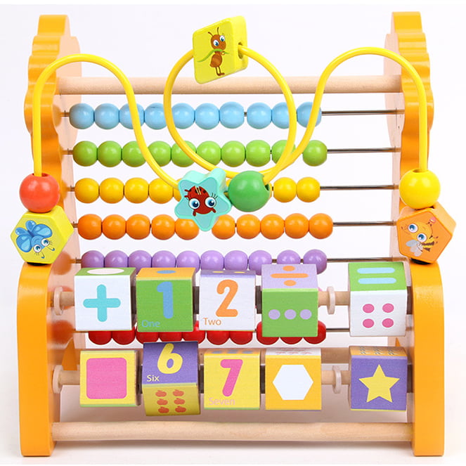 Numaratoare din lemn pentru copii, multifunctionala, cu bile multicolore, galbena, 22x22x18 cm