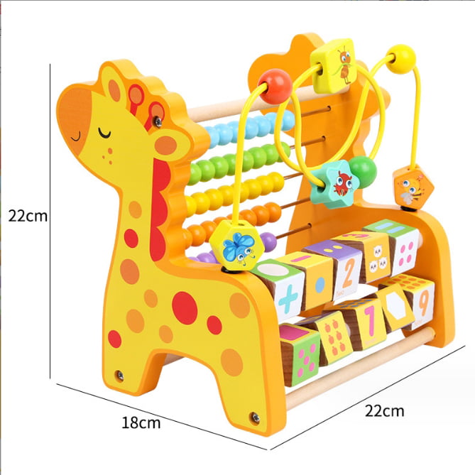 Numaratoare din lemn pentru copii, multifunctionala, cu bile multicolore, galbena, 22x22x18 cm