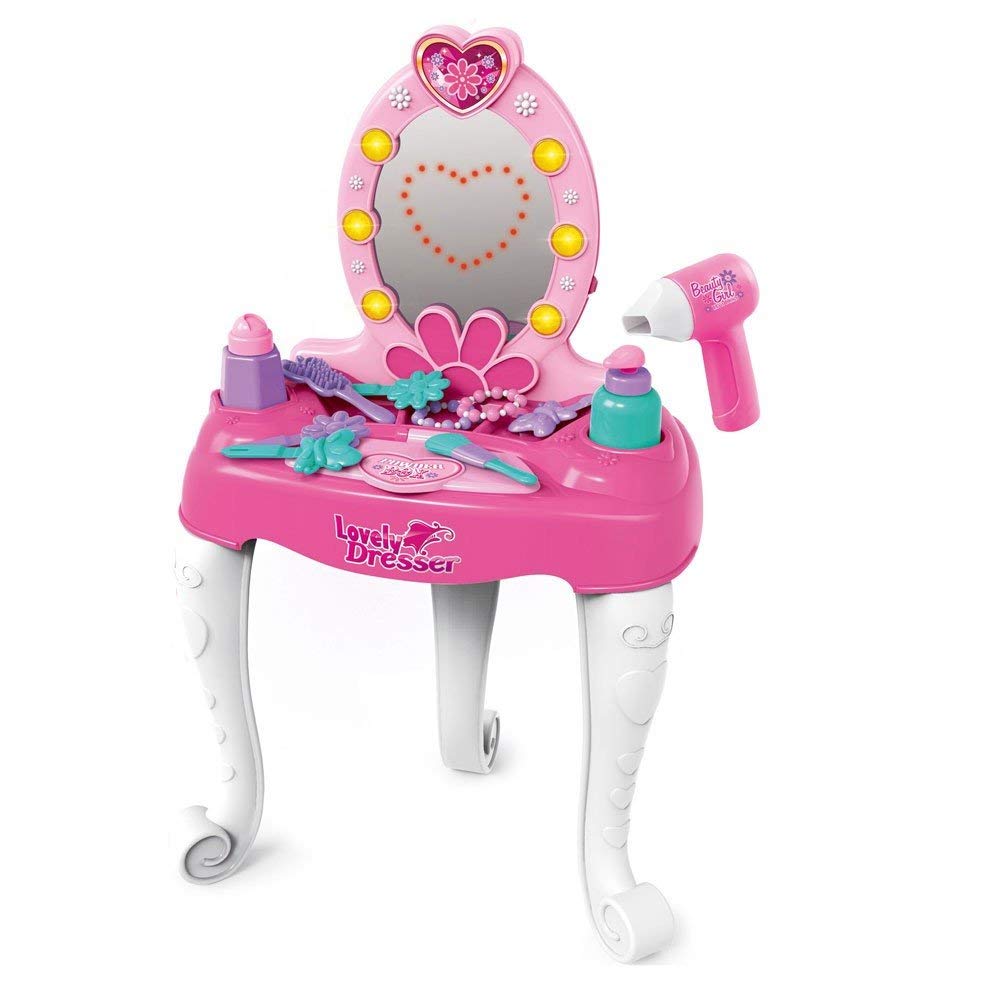 Oglinda de machiaj cu led copii, masa si accesorii fetite cu sunete , lumini , accesorii , 16 piese - BUZ.RO