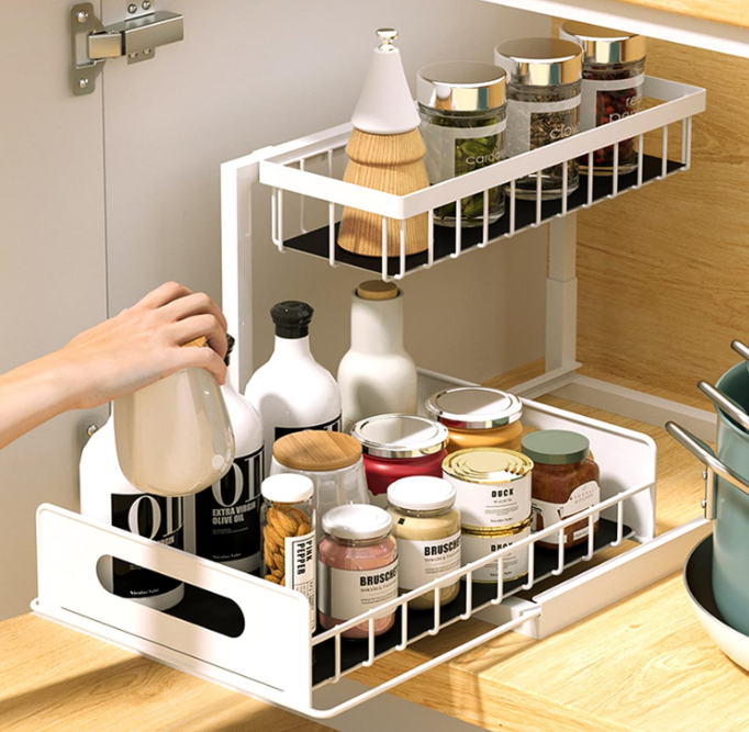 Organizator dulap, suport metalic, pentru bucatarie, baie, alb